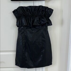 DO+BE Black Faux Leather Ruffle Strapless Mini Dress